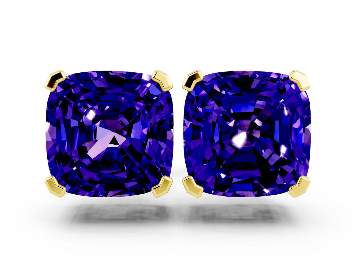 Cushion Cut Tanzanite Stud Earrings in Yellow gold with Basket Setting