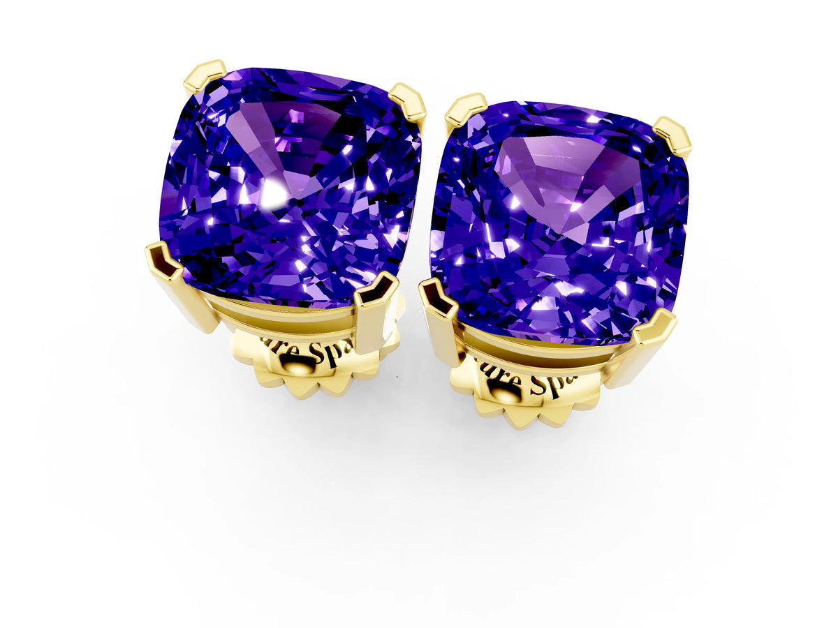 Cushion Cut Tanzanite Stud Earrings in Yellow gold with Basket Setting_1