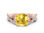 Cushion Cut Yellow Sapphire Solitaire Ring in Rose gold with Interwoven Pavé Band and Prong Setting