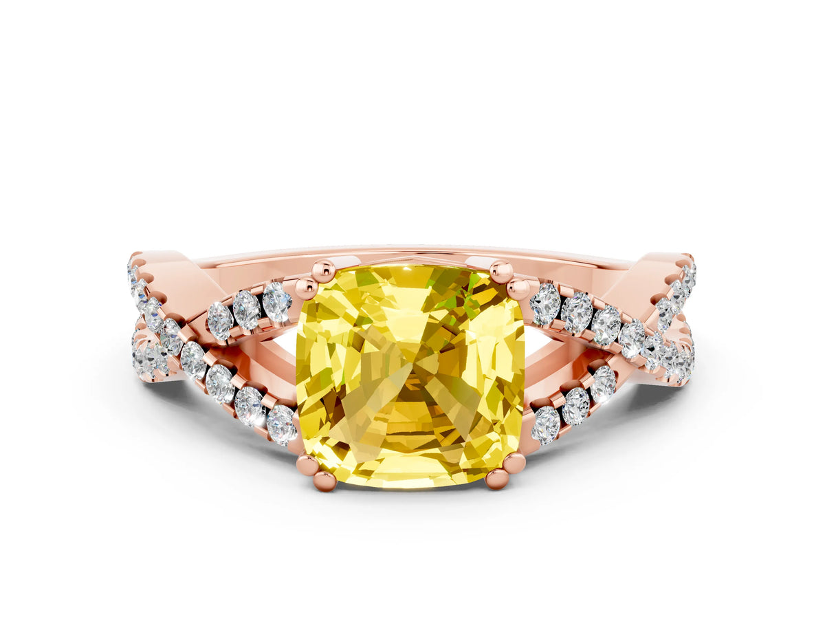 Cushion Cut Yellow Sapphire Solitaire Ring in Rose gold with Interwoven Pavé Band and Prong Setting