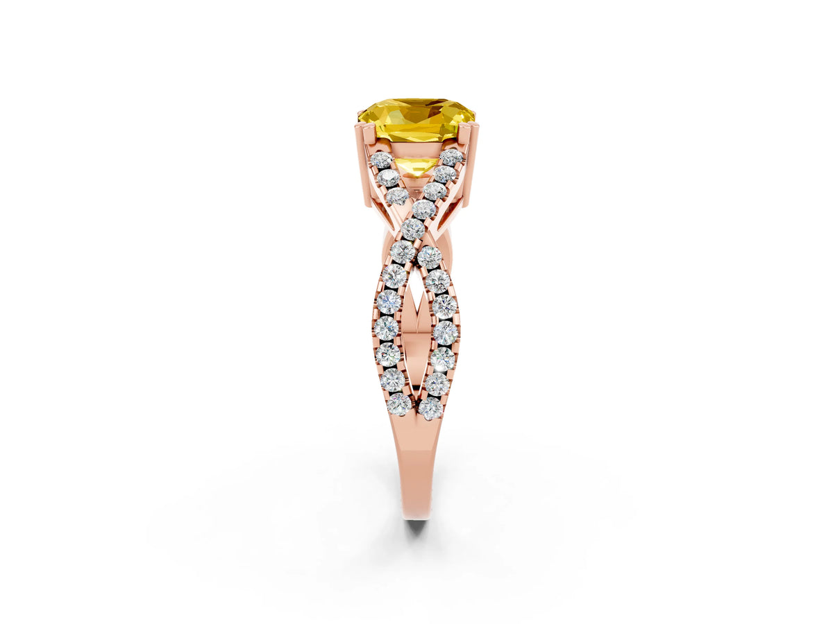 Cushion Cut Yellow Sapphire Solitaire Ring in Rose gold with Interwoven Pavé Band and Prong Setting_2