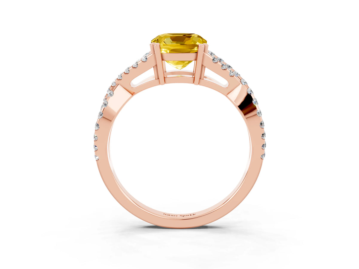 Cushion Cut Yellow Sapphire Solitaire Ring in Rose gold with Interwoven Pavé Band and Prong Setting_3