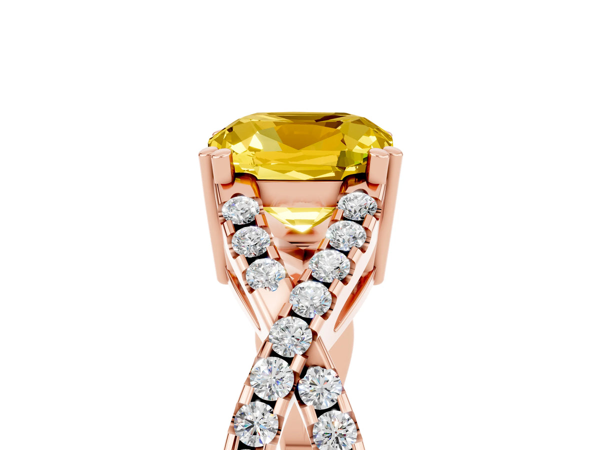 Cushion Cut Yellow Sapphire Solitaire Ring in Rose gold with Interwoven Pavé Band and Prong Setting_5