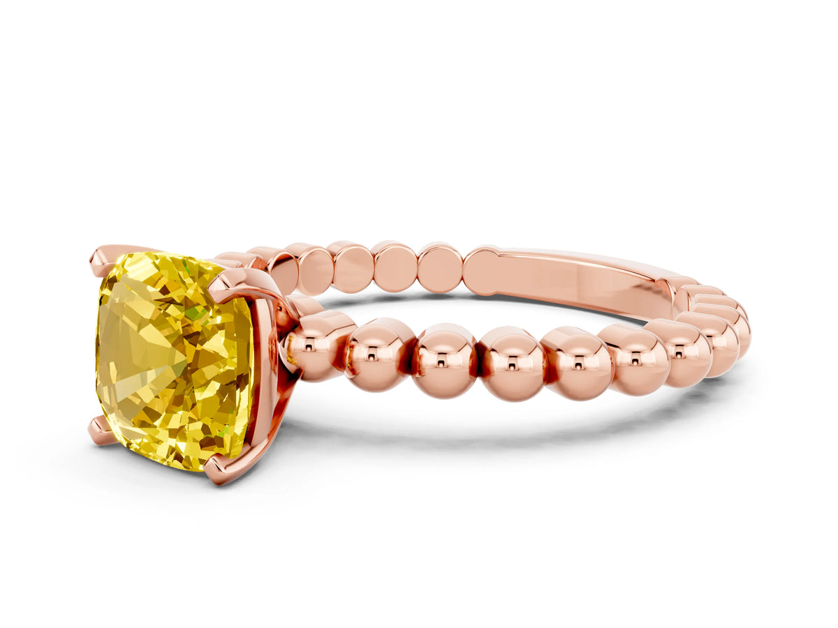 Cushion Cut Yellow Sapphire Solitaire Ring in Rose gold with Textured Beaded Band and Prong Setting