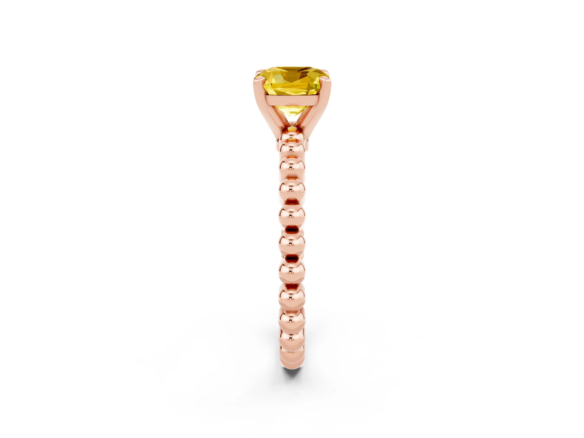 Cushion Cut Yellow Sapphire Solitaire Ring in Rose gold with Textured Beaded Band and Prong Setting_2
