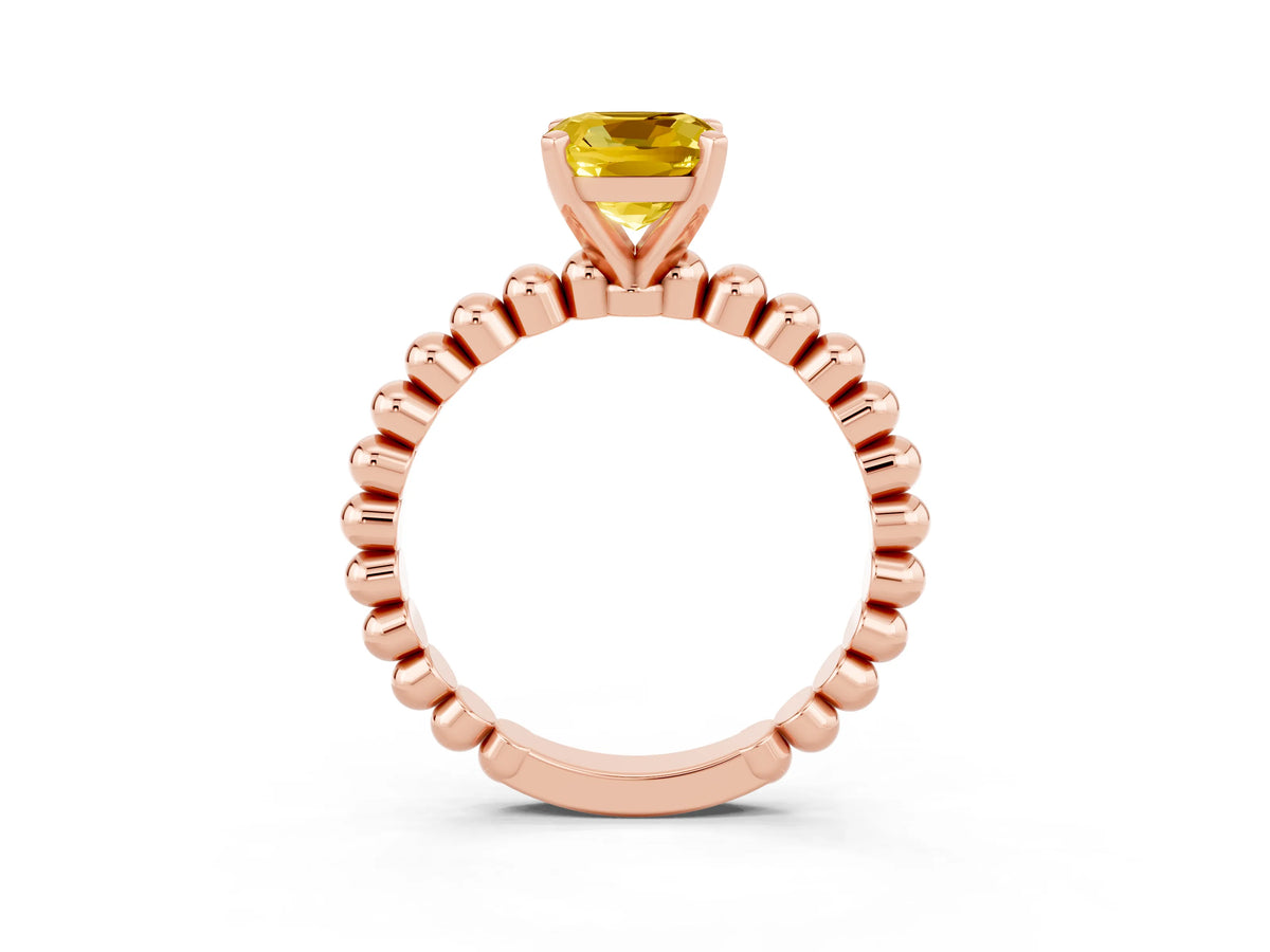 Cushion Cut Yellow Sapphire Solitaire Ring in Rose gold with Textured Beaded Band and Prong Setting_3
