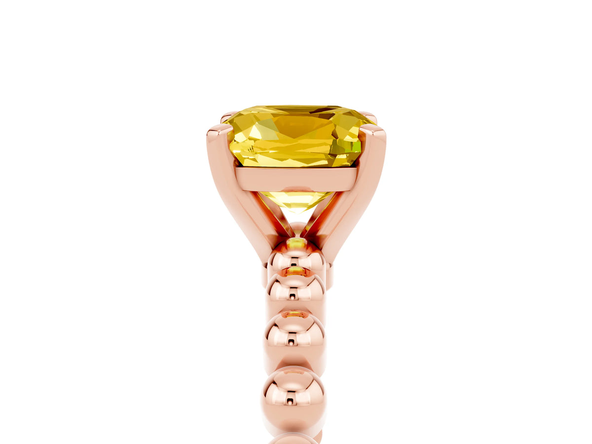 Cushion Cut Yellow Sapphire Solitaire Ring in Rose gold with Textured Beaded Band and Prong Setting_5
