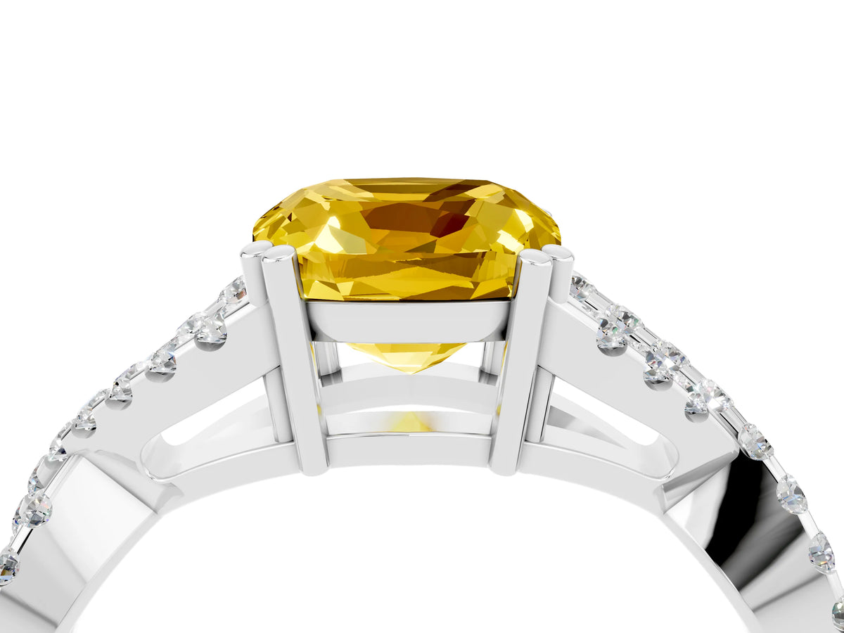 Cushion Cut Yellow Sapphire Solitaire Ring in Silver with Interwoven Pavé Band and Prong Setting_10