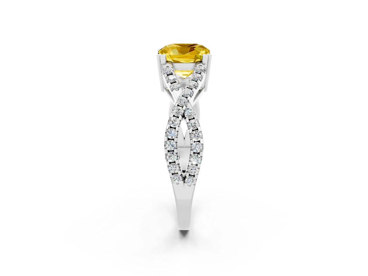 Cushion Cut Yellow Sapphire Solitaire Ring in Silver with Interwoven Pavé Band and Prong Setting_8