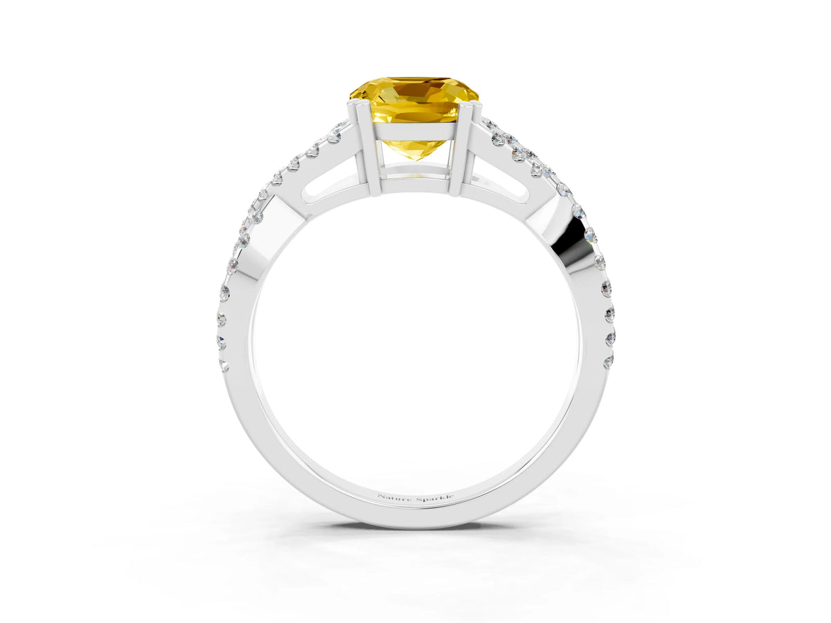 Cushion Cut Yellow Sapphire Solitaire Ring in Silver with Interwoven Pavé Band and Prong Setting_9