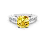 Cushion Cut Yellow Sapphire Solitaire Ring in White gold with Crossover Gallery and Round Pavé Band