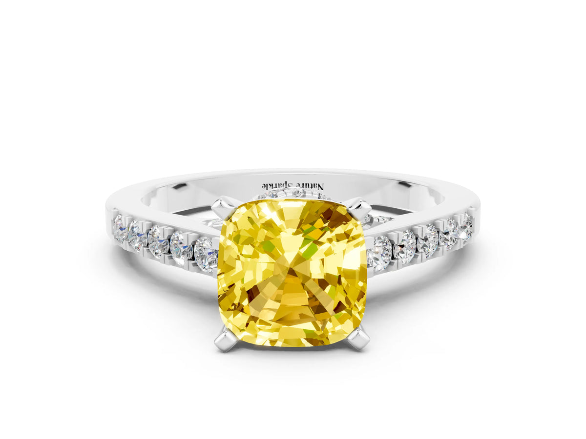 Cushion Cut Yellow Sapphire Solitaire Ring in White gold with Crossover Gallery and Round Pavé Band