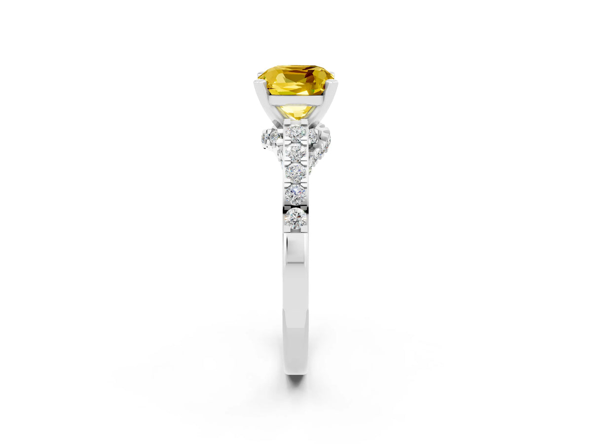 Cushion Cut Yellow Sapphire Solitaire Ring in White gold with Crossover Gallery and Round Pavé Band_2