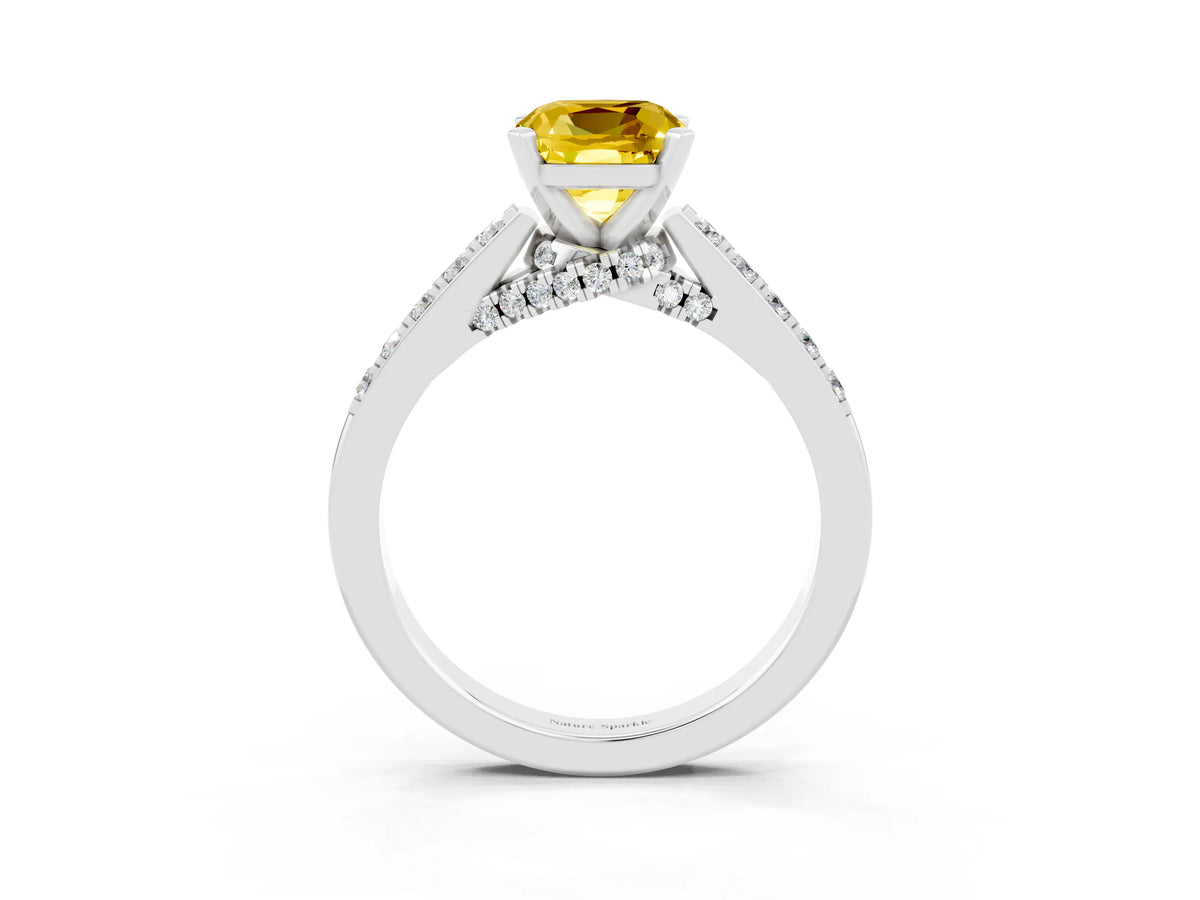 Cushion Cut Yellow Sapphire Solitaire Ring in White gold with Crossover Gallery and Round Pavé Band_3