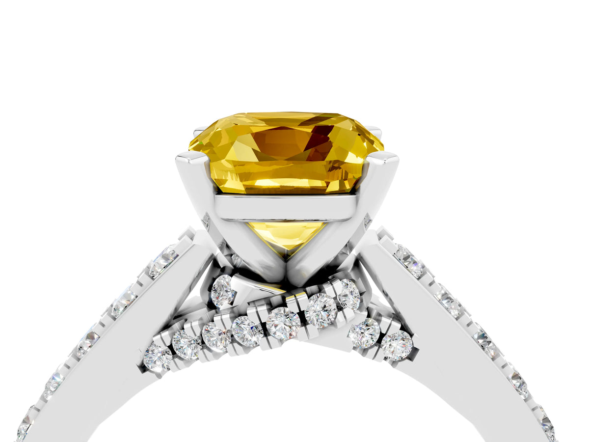 Cushion Cut Yellow Sapphire Solitaire Ring in White gold with Crossover Gallery and Round Pavé Band_4