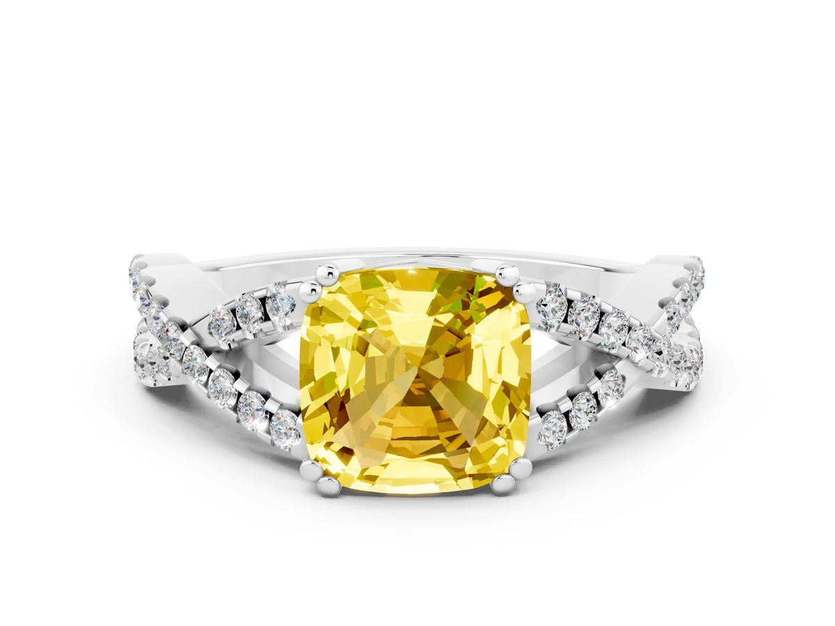Cushion Cut Yellow Sapphire Solitaire Ring in White gold with Interwoven Pavé Band and Prong Setting