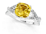 Cushion Cut Yellow Sapphire Solitaire Ring in White gold with Interwoven Pavé Band and Prong Setting_1