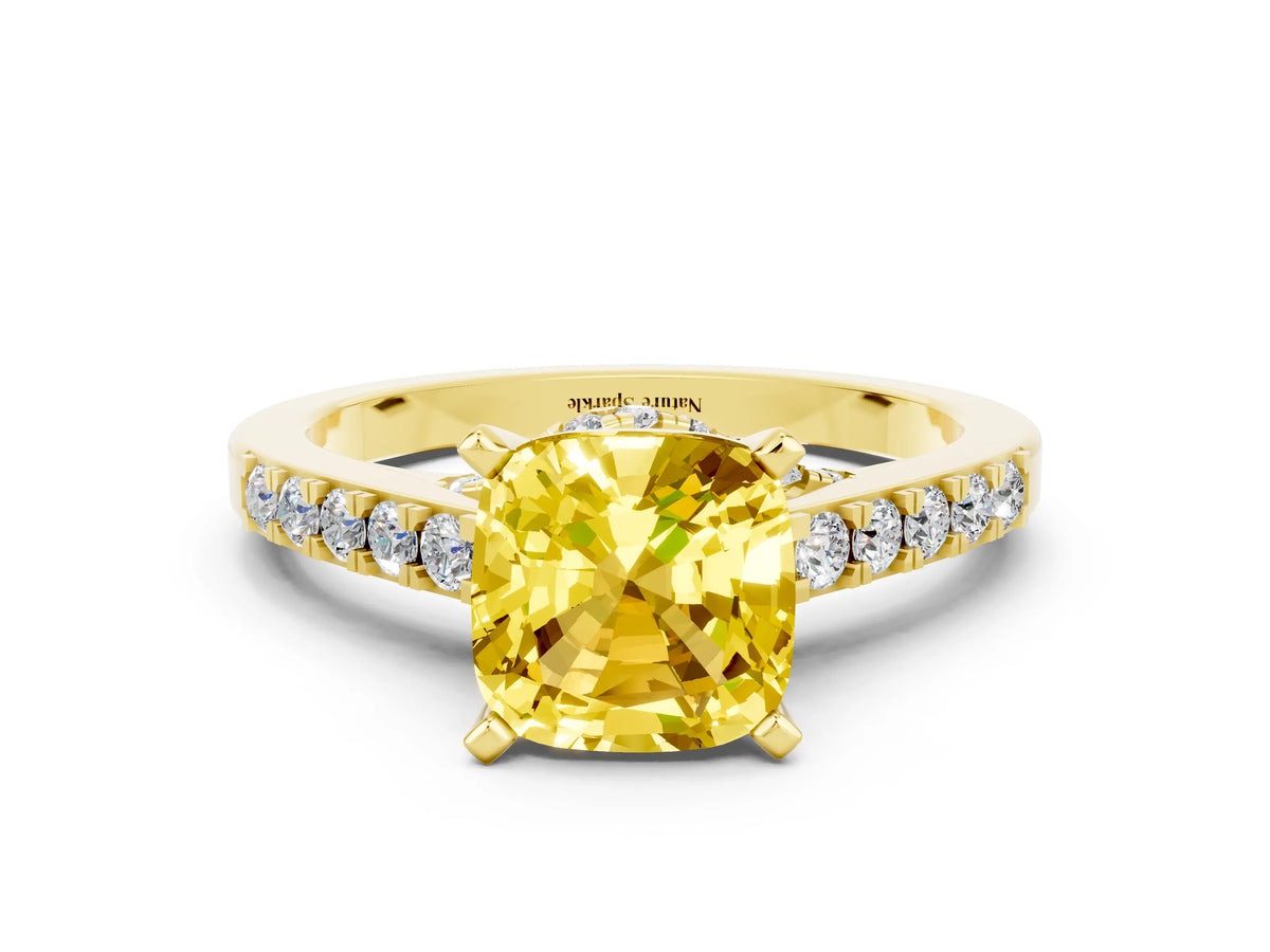 Cushion Cut Yellow Sapphire Solitaire Ring in Yellow gold with Crossover Gallery and Round Pavé Band