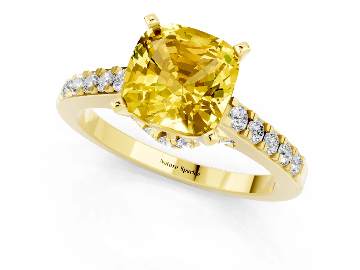 Cushion Cut Yellow Sapphire Solitaire Ring in Yellow gold with Crossover Gallery and Round Pavé Band_1