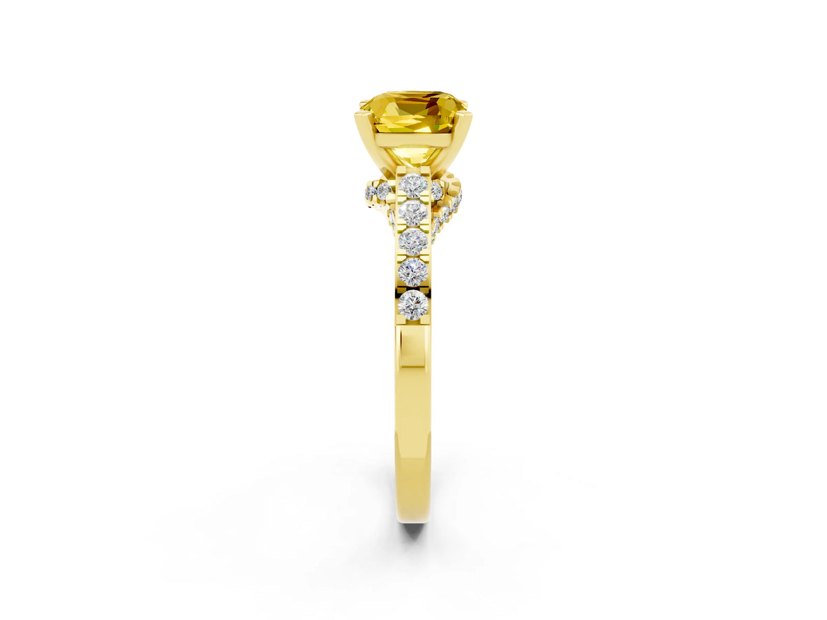 Cushion Cut Yellow Sapphire Solitaire Ring in Yellow gold with Crossover Gallery and Round Pavé Band_2