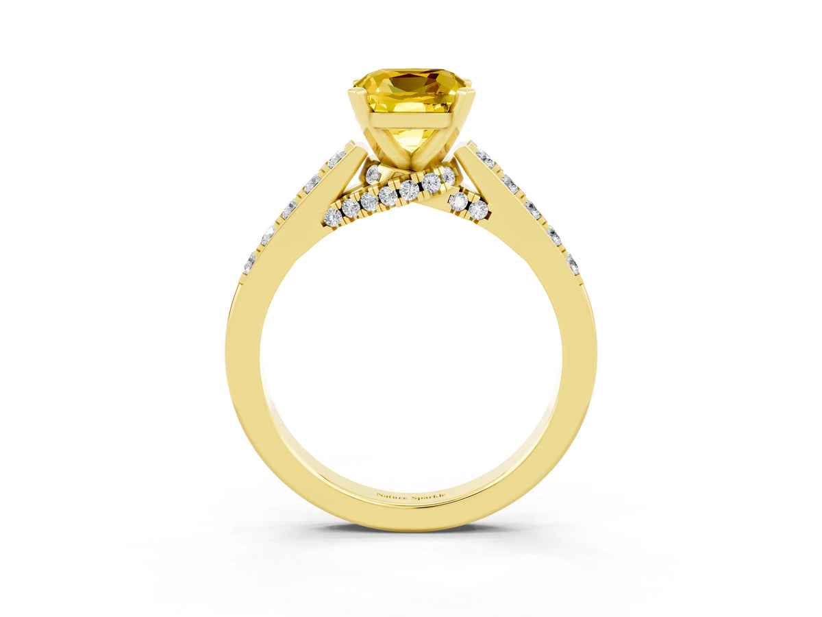 Cushion Cut Yellow Sapphire Solitaire Ring in Yellow gold with Crossover Gallery and Round Pavé Band_3