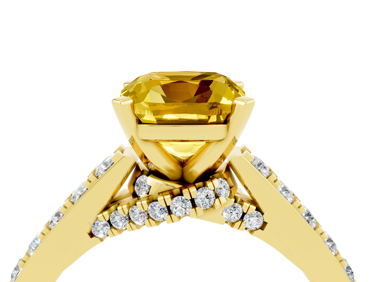 Cushion Cut Yellow Sapphire Solitaire Ring in Yellow gold with Crossover Gallery and Round Pavé Band_4
