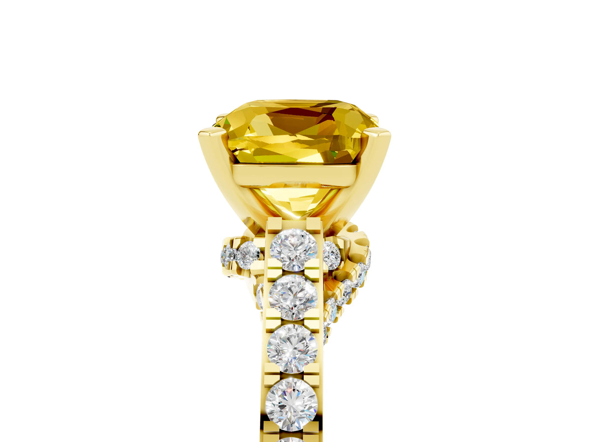 Cushion Cut Yellow Sapphire Solitaire Ring in Yellow gold with Crossover Gallery and Round Pavé Band_5
