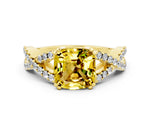 Cushion Cut Yellow Sapphire Solitaire Ring in Yellow gold with Interwoven Pavé Band and Prong Setting