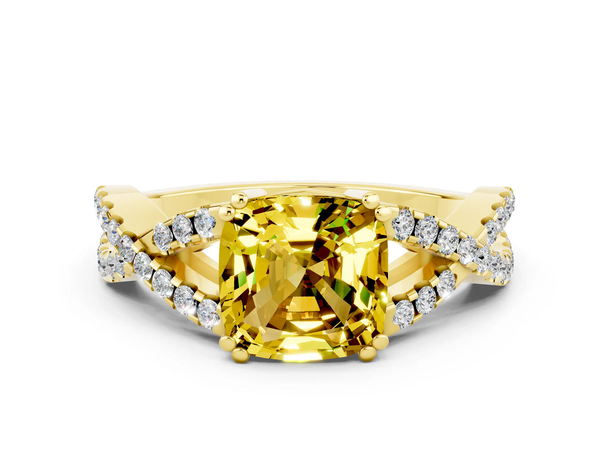Cushion Cut Yellow Sapphire Solitaire Ring in Yellow gold with Interwoven Pavé Band and Prong Setting