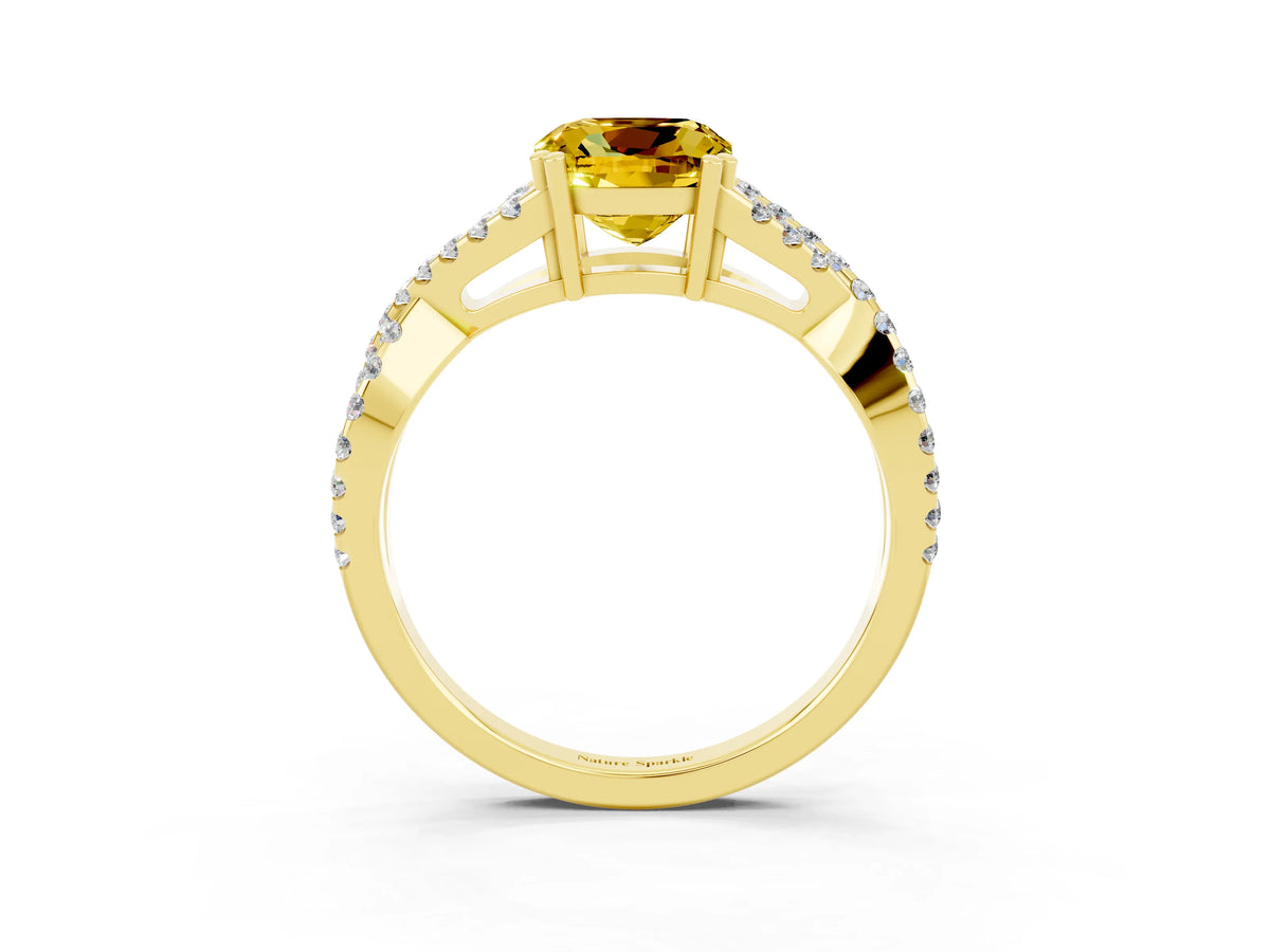 Cushion Cut Yellow Sapphire Solitaire Ring in Yellow gold with Interwoven Pavé Band and Prong Setting_3