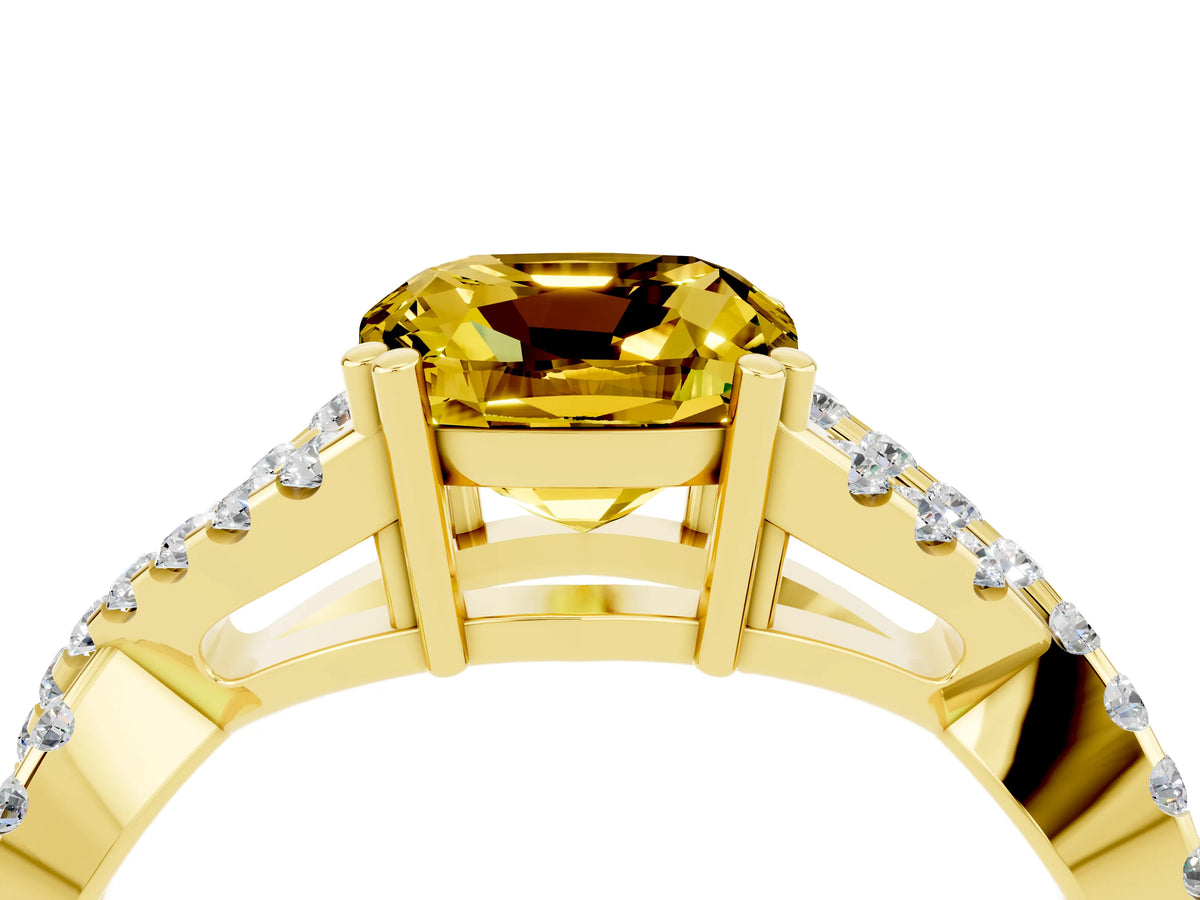 Cushion Cut Yellow Sapphire Solitaire Ring in Yellow gold with Interwoven Pavé Band and Prong Setting_4