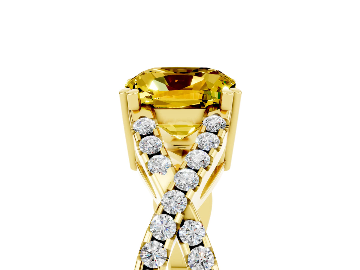 Cushion Cut Yellow Sapphire Solitaire Ring in Yellow gold with Interwoven Pavé Band and Prong Setting_5