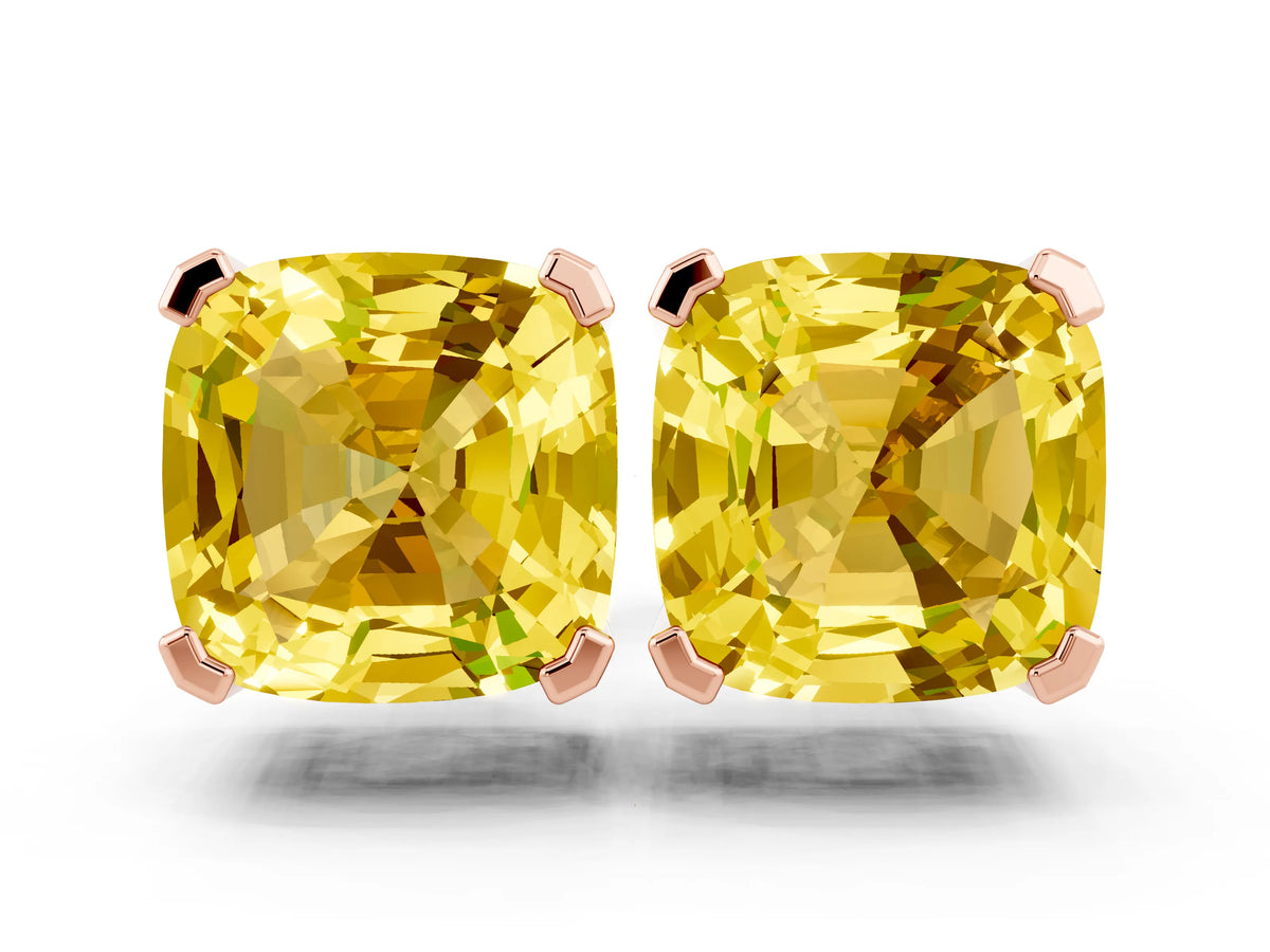 Cushion Cut Yellow Sapphire Stud Earrings in Rose gold with Basket Setting