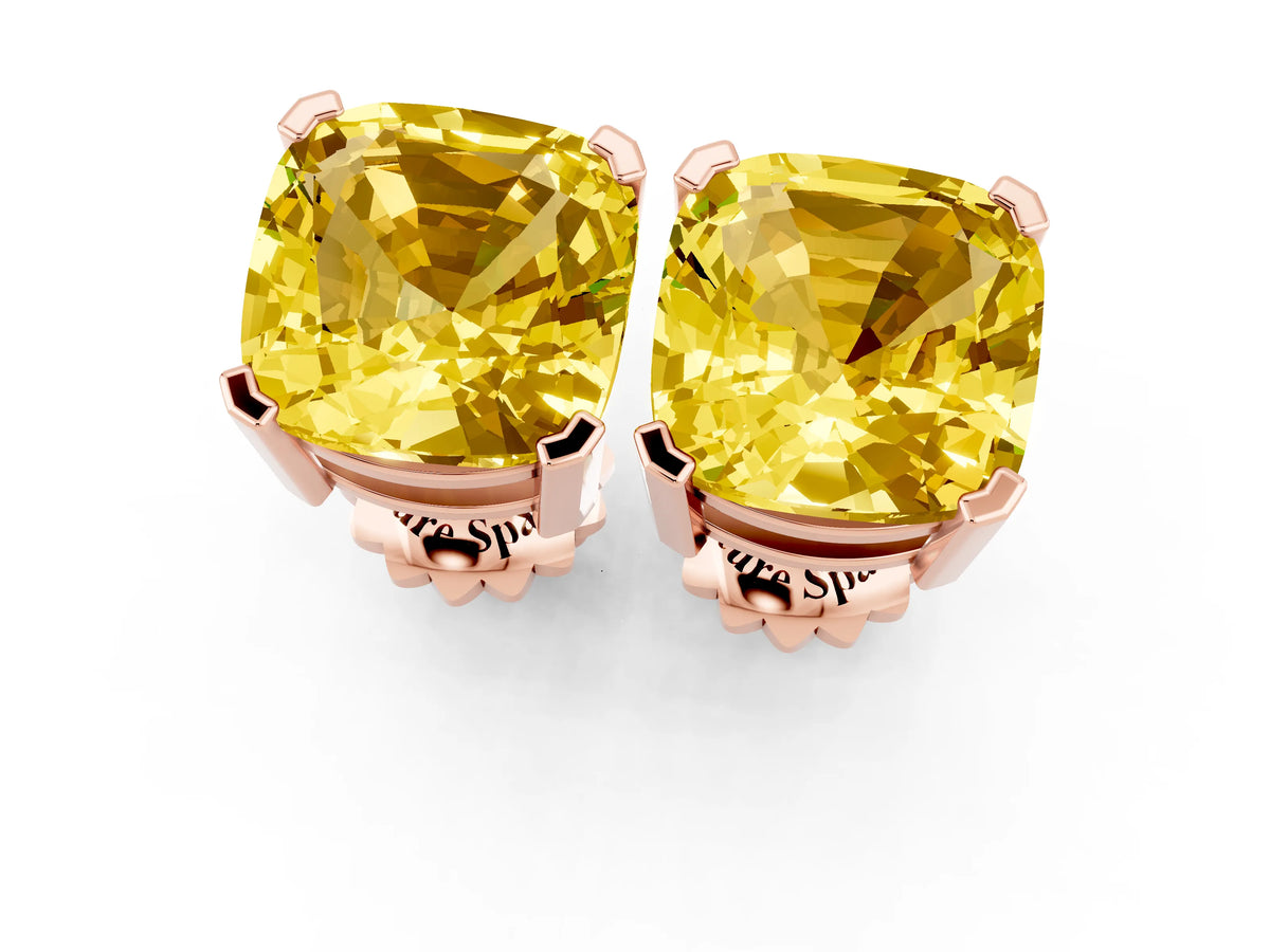 Cushion Cut Yellow Sapphire Stud Earrings in Rose gold with Basket Setting_1