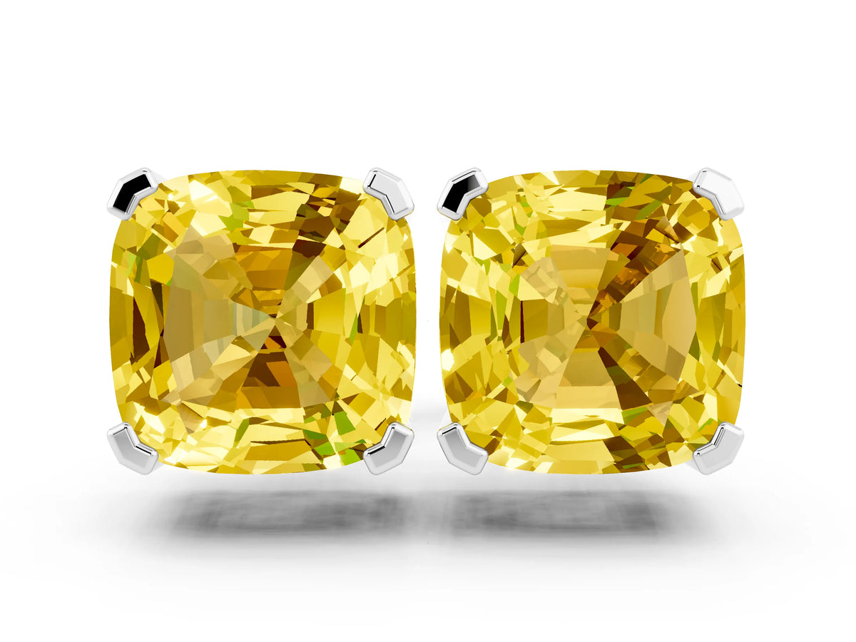 Cushion Cut Yellow Sapphire Stud Earrings in White gold with Basket Setting