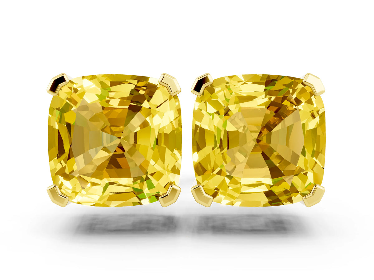 Cushion Cut Yellow Sapphire Stud Earrings in Yellow gold with Basket Setting