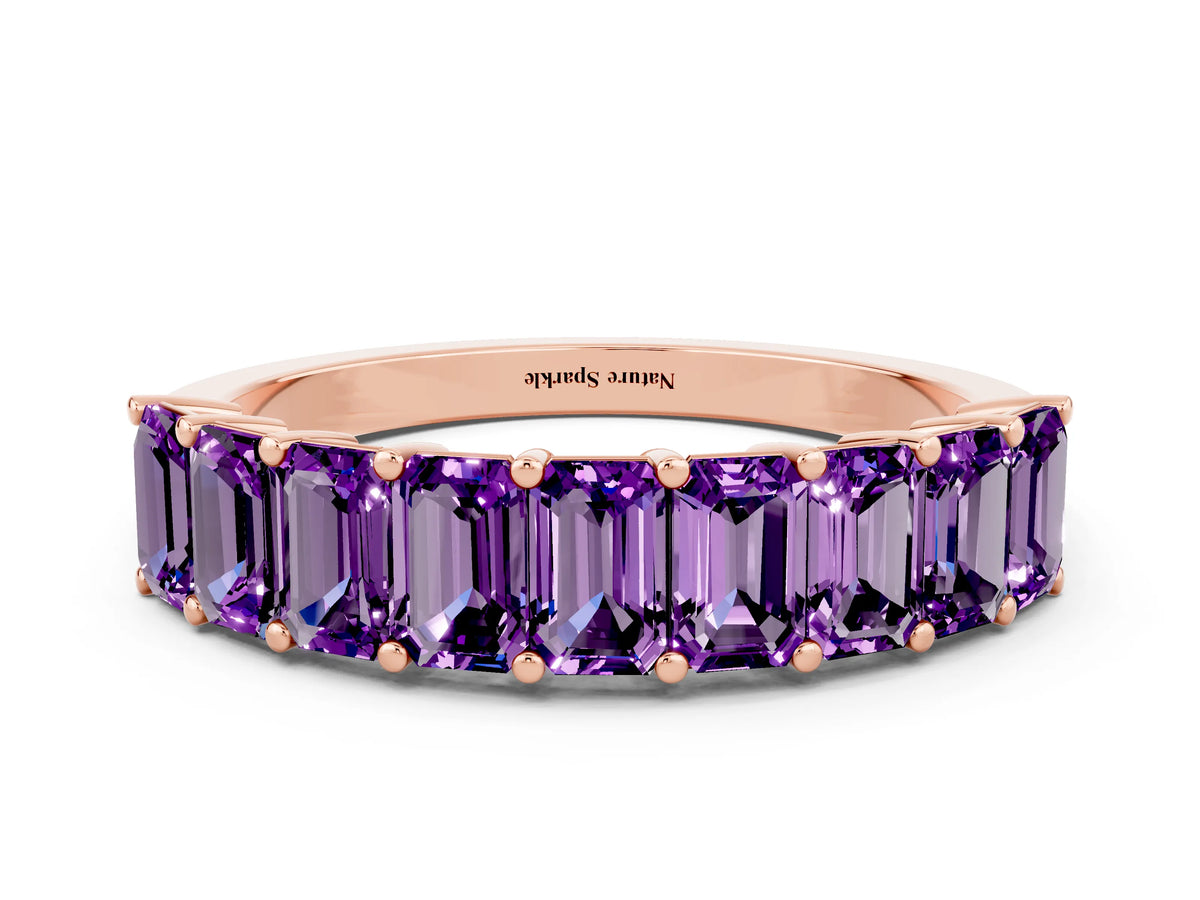 Emerald Cut Amethyst Eternity Band in Rose gold with Prong Setting