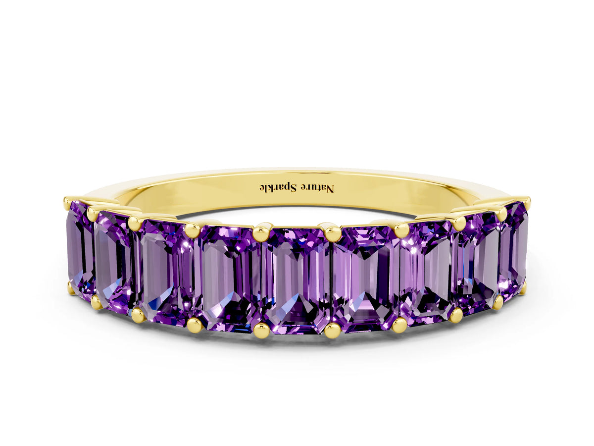Emerald Cut Amethyst Eternity Band in Yellow gold with Prong Setting