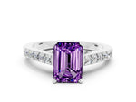 Emerald Cut Amethyst Solitaire Ring in Silver with Crossover Gallery and Round Pavé Band