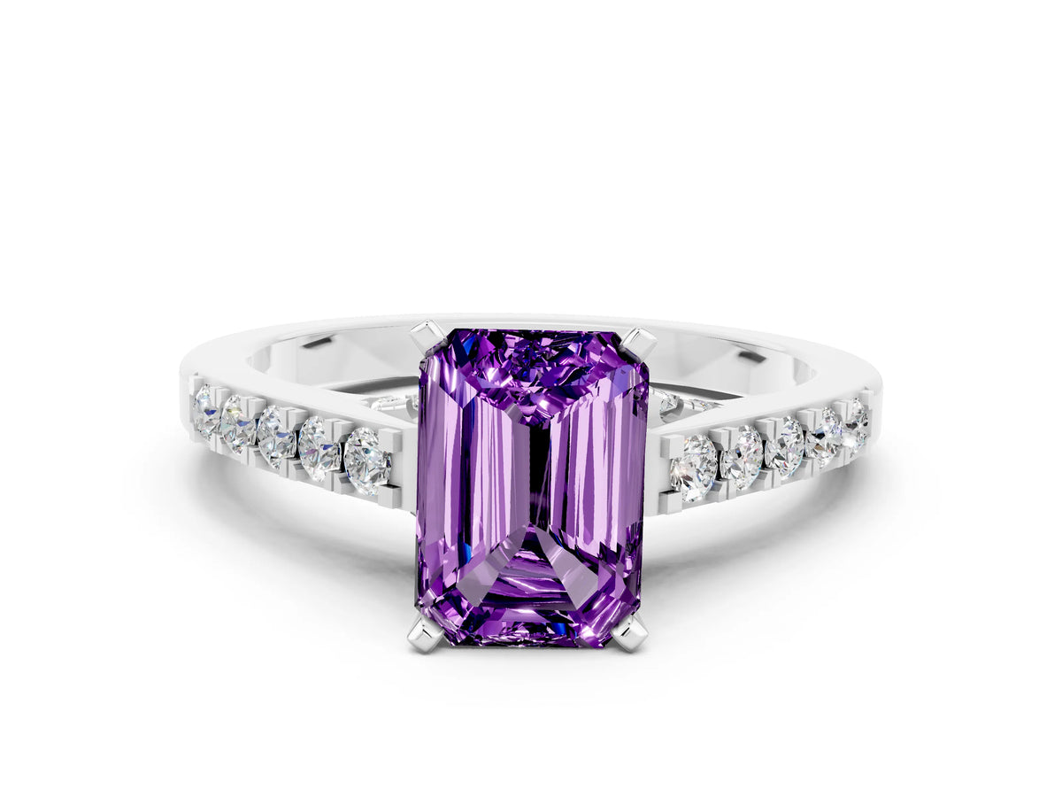 Emerald Cut Amethyst Solitaire Ring in Silver with Crossover Gallery and Round Pavé Band