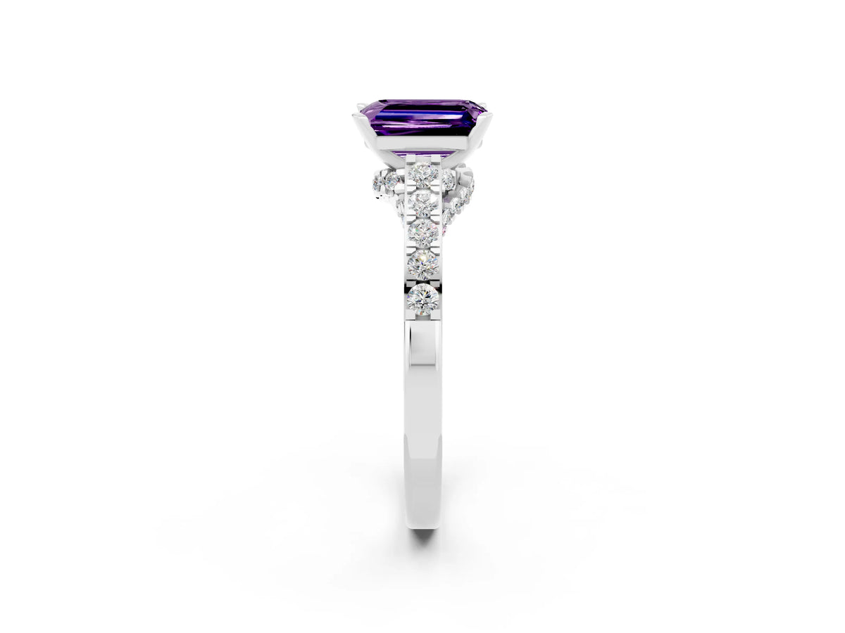 Emerald Cut Amethyst Solitaire Ring in Silver with Crossover Gallery and Round Pavé Band_2