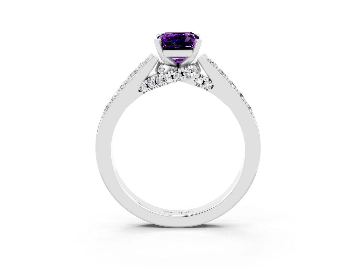 Emerald Cut Amethyst Solitaire Ring in Silver with Crossover Gallery and Round Pavé Band_3
