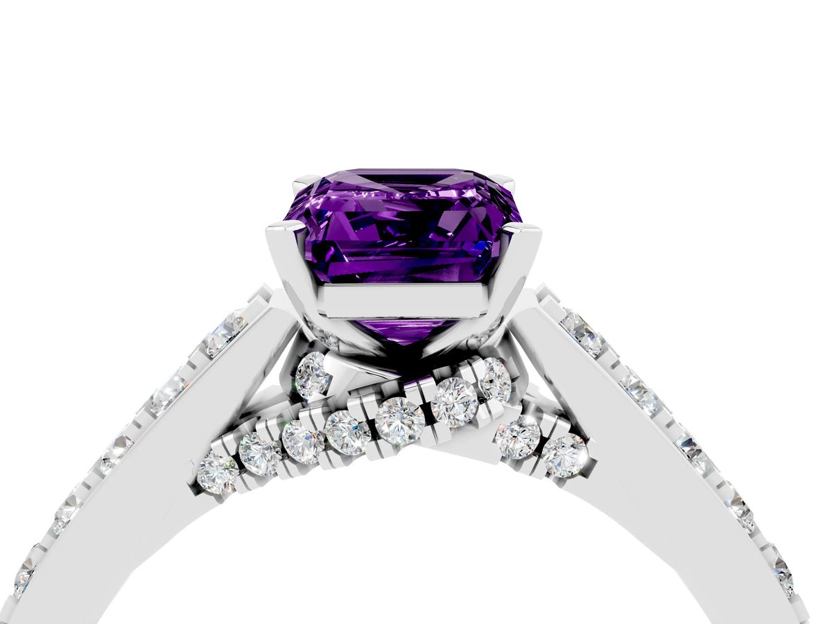 Emerald Cut Amethyst Solitaire Ring in Silver with Crossover Gallery and Round Pavé Band_4