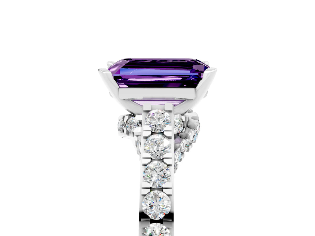 Emerald Cut Amethyst Solitaire Ring in Silver with Crossover Gallery and Round Pavé Band_5