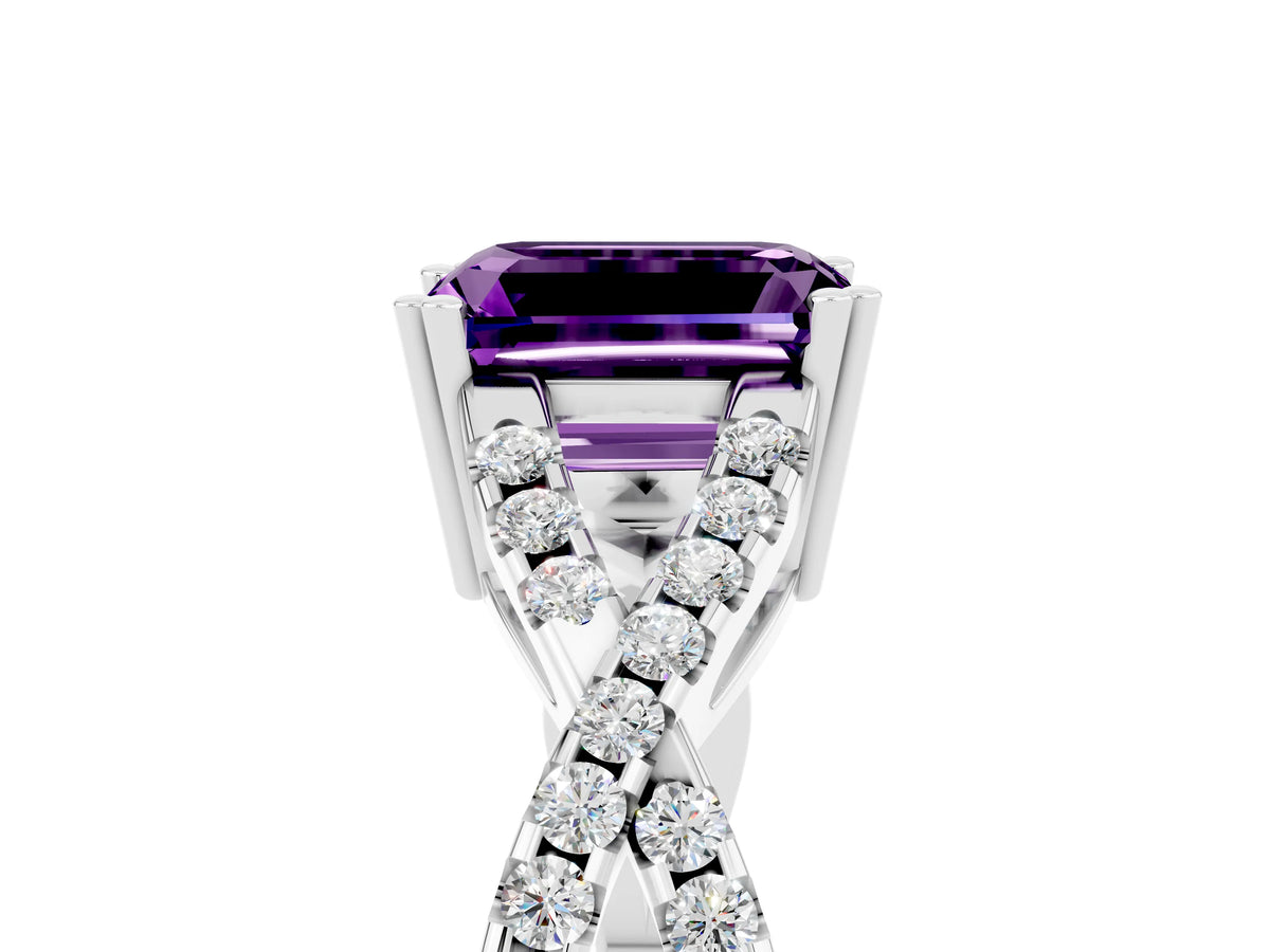 Emerald Cut Amethyst Solitaire Ring in Silver with Interwoven Pavé Band and Prong Setting_11