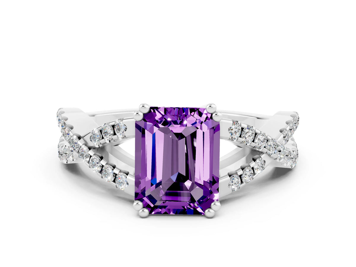 Emerald Cut Amethyst Solitaire Ring in Silver with Interwoven Pavé Band and Prong Setting_6
