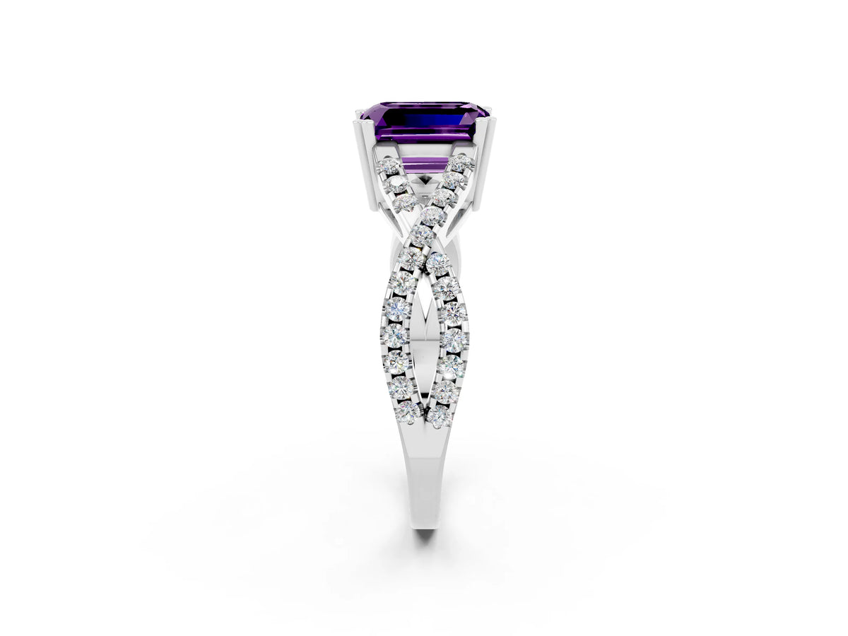 Emerald Cut Amethyst Solitaire Ring in Silver with Interwoven Pavé Band and Prong Setting_8