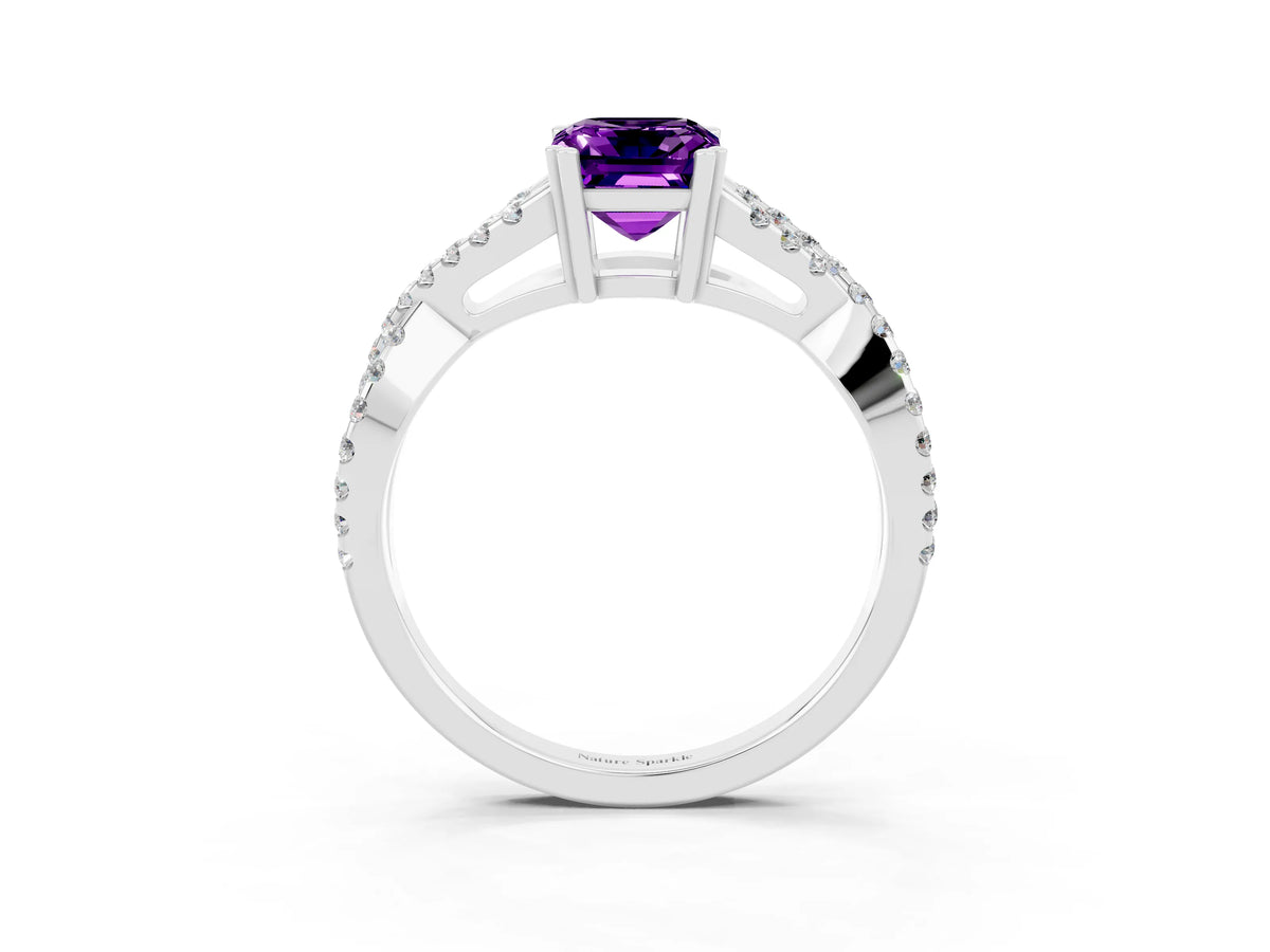 Emerald Cut Amethyst Solitaire Ring in White gold with Interwoven Pavé Band and Prong Setting_3