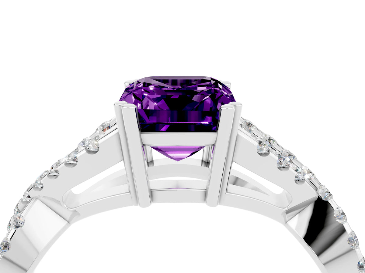 Emerald Cut Amethyst Solitaire Ring in White gold with Interwoven Pavé Band and Prong Setting_4