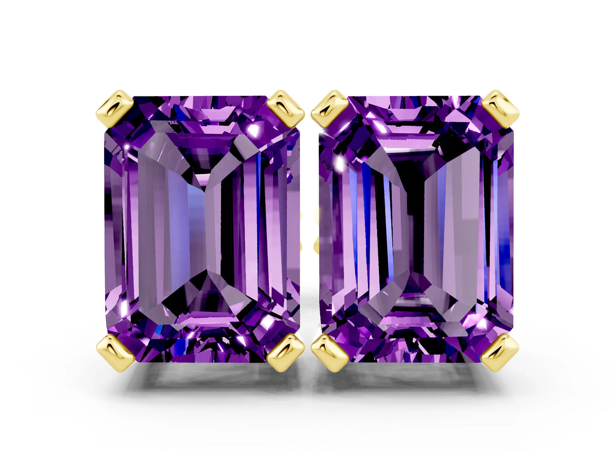 Emerald Cut Amethyst Stud Earrings in Yellow gold with Basket Setting